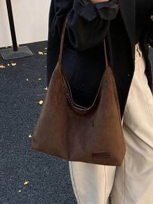 秋冬咖啡棕色麂皮 PU 女款單肩托特包，時尚百搭大容量收納肩背包/通勤包 - 咖啡棕 - 查看 4