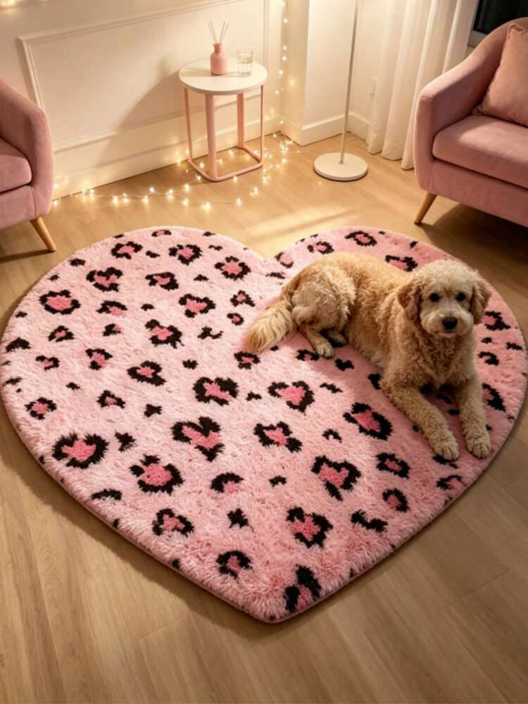 1pc Heart-Shaped Pink Leopard Print Faux Fur Rug, Love & Healing Bedroom Decor, Small Rug, Carpet, Home Decor, Living Room Rug, Living Room Small Rug, Bedroom Rug, Living Room Home Decor, Outdoor Rug, Washable Rug - Multicolor 5 - View 4