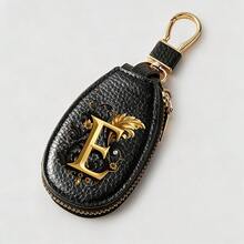 Litchi Pattern Key Bag -Black Gold Letters A-Z Car Key Protection Cover,PU Key Storage Clip,Zipper Bag,Car Key Storage Device,Car Keychain,Unisex Gift - Multicolor - View 56