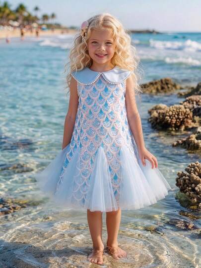 Young Girl Beaded Sequin Tulle Elegant Princess Dress, Suitable For Girls Birthday Party, Banquet, Teenage Prom, Stage Performance Costume