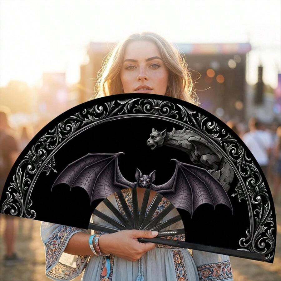 Halloween Gothic Bat Gargoyle Print Folding Hand Fan, Plastic Black Ribs Style 1pc, Dark Mysterious Style Decorative Cooling Fan, Suitable For Theme Parties, Daily Outings And Gothic Style Events - A - View 1