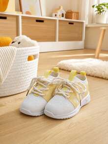 Colorblock Mesh Athletic Shoes, Breathable Mesh, Soft Sole, Lightweight, Lace-Up, Spring/Autumn, Outdoor, School, Casual Shoes For Kids - Yellow - View 3