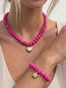 2pcs Fashionable Cute Youthful Aesthetic Rose Red Beaded Heart Pendant Necklace & Star Charm Elastic Bracelet Jewelry Set, Suitable For Girls Daily Wear And Party Holiday Accessories Set - Hot Pink - View 3