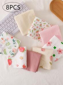 8pcs Comfortable Soft Double-Layer Hemmed Pure Cotton Baby Bibs, Wipes, Feeding Cloths, Multi-Purpose Towels, Cartoon Print, Suitable For Boys And Girls, All Seasons - Multicolor - View 2
