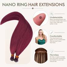 0.7G/S Premium Nano Ring Beads Human Hair Extensions 100% Real Remy Hair Invisible Mini Beads 35G/PACK 18"-24" #99J Wine Red - #99J Wine Red - View 4