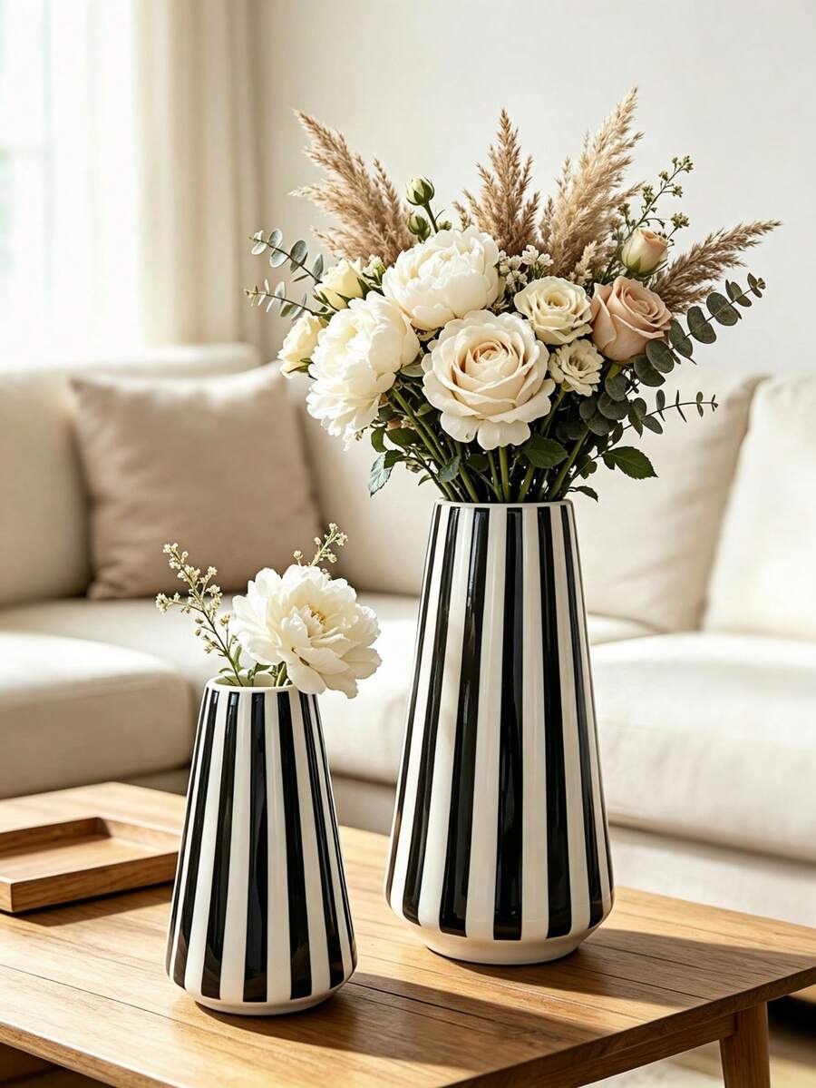 1pc Modern Conical Striped Vase Set, Geometric Textured Decorative Flower Container, Tabletop Ornament For Living Room Entryway Home Decor - Cylinder Stripes - View 1