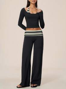 TimeOff Women's One Set Autumn/Winter Striped 2 In 1 Patchwork Oversized Scoop Neck Halter Long Sleeve Folded Waist Wide Leg Pants Sportswear Set - Black - View 7