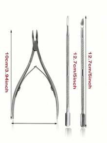 2 Sets Professional Stainless Steel Nail Clippers And Trimmers, Multi-Function Nail Cuticle Pusher, Suitable For Manicure And Nail Care, Includes Metal Nail Clippers And Dual-Head Pusher - Silver - View 4