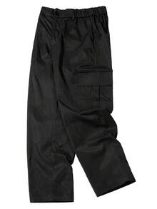 Men's Elastic Waist Wide Leg Cargo Pants, Multi-Pocket 3D Cargo Pockets, Draped Loose Straight Leg Casual Long Pants, Button Fly - Black - View 5