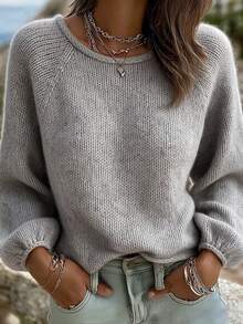 Women's Grey Textured Knit Sweater With Rolled Hem, Round Neck, Raglan Lantern Sleeves, Casual Versatile Soft Pullover, Suitable For Daily Wear In Autumn/Winter - Grey - View 2