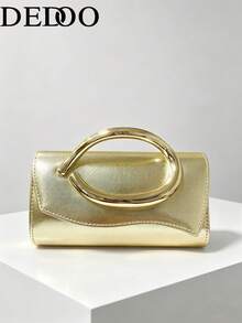 Dedoo 1件時尚金屬裝飾迷你手拿包，優雅亮面金屬條紋設計，奢華風格女款，適合晚宴、婚禮、舞會 - 金色 - 查看 2