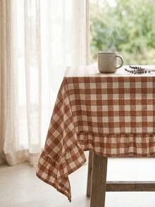 1pc Brown And White Large Plaid Ruffle Edge Tablecloth, Rustic Country Style Rectangular Same-Color Ruffle Edge Pleated Detail Decorative Functional Dining Tablecloth Suitable For Family Gatherings And Rustic Home Decor Scenes - Khaki - View 5