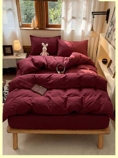 2/3pcs Ultra Soft Solid Burgundy Duvet Cover Bedding Set, Soft Breathable Wrinkle-Resistant, Promotes Better Sleep, Luxury Hotel Style, Gift For Parents And Friends, Reversible Dual-Color Duvet Cover*1 Pillowcase*1/2, King/Queen/Full/Twin Size