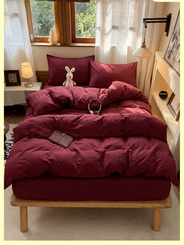 2/3pcs Ultra Soft Solid Burgundy Duvet Cover Bedding Set, Soft Breathable Wrinkle-Resistant, Promotes Better Sleep, Luxury Hotel Style, Gift For Parents And Friends, Reversible Dual-Color Duvet Cover*1 Pillowcase*1/2, King/Queen/Full/Twin Size