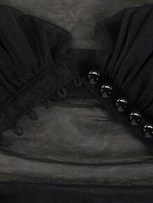 黑色薄纱露肩新娘披肩，适合婚礼、派对、礼服等场合，带搭扣设计，短款 - 黑色 - 查看 8