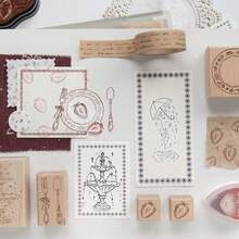 Vintage Wooden Rubber Stamps Set, Fountain Umbrella Candle Strawberry Pattern Wood Seal For Journal Scrapbooking Card Making DIY Craft Decor,Multipurpose Stamps - Multicolor - View 8