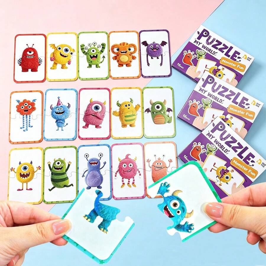 16 Pcs Monster Matching Puzzle For Toddlers, Double-Sided Cute Monster Matching Card Game, Early Educational Learning Toys,Travel Toy, Birthday Gift