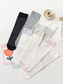 5 Pairs Women's Thin Vertical Striped Color Block Mid-Calf Slouch Socks, Minimalist Black White Gray Light Color Palette Soft Breathable All-Match Long Socks, Flattering Calf Shape, Non-Tight Non-Constricting, Versatile For Commute And Student (Random Color) - Multicolor - View 2