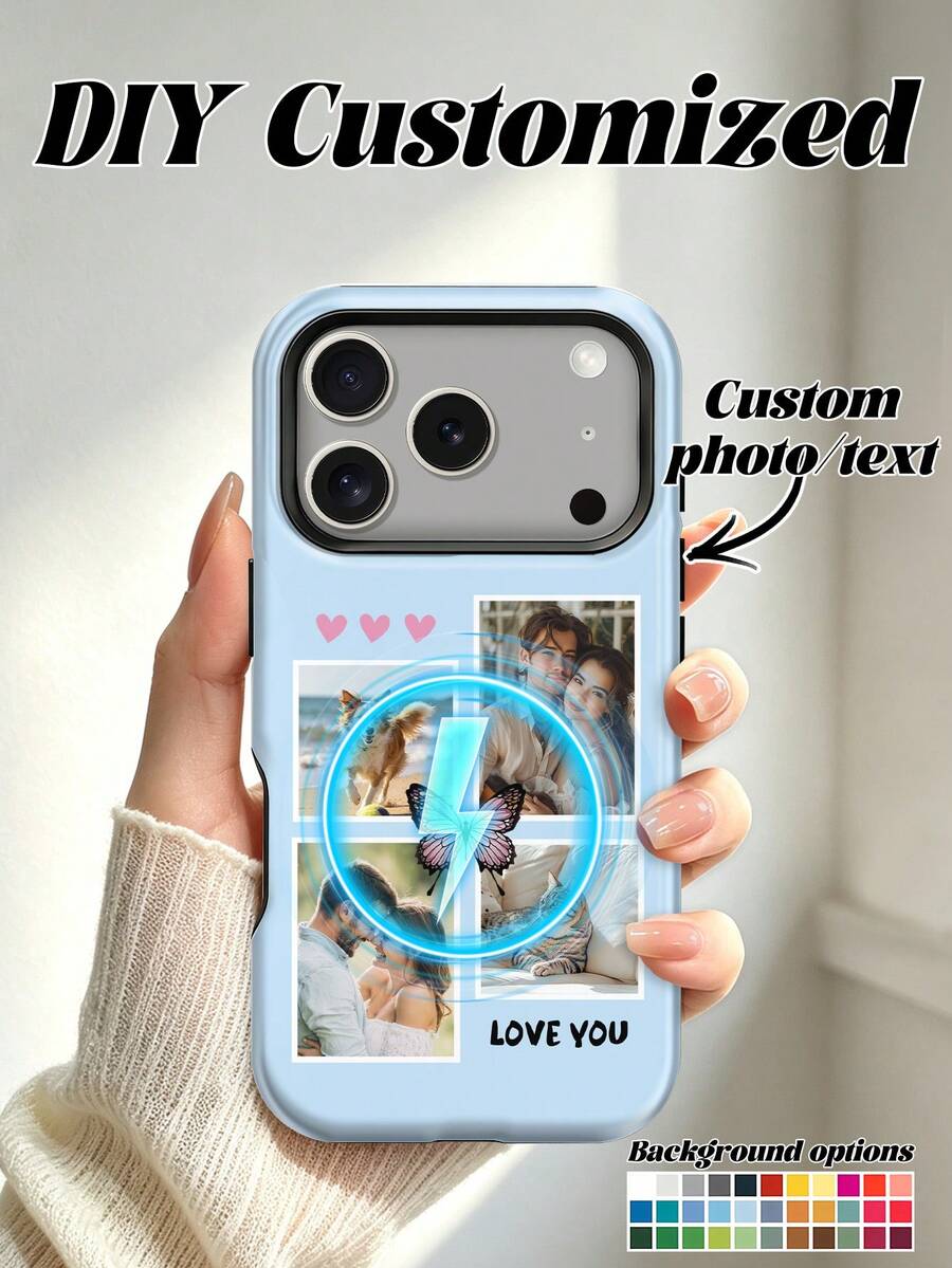 1 buah Casing Ponsel Magnetik, Film Mengkilap 2-in-1 Desain Perlindungan Penuh, Casing Pelindung 3 Foto Hati yang Dapat Disesuaikan dengan Berbagai Warna Dasar, Desain Gaya Kupu-kupu, Kompatibel dengan iPhone 17 Pro Max/Air/17 Pro/17/16/15/14/13/12/11 - MultiWarna - View 1