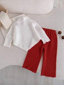 Baby Girl Autumn/Winter Sweet Cherry Knit 2 Pieces Set, High Neck Asymmetrical Top With 3D Cherry Applique, Paired With Red Ribbed Flared Pants, Soft Elastic Fabric, Festive And Sweet, Suitable For Daily Wear And 1st Birthday Photo Outfits - White - View 3
