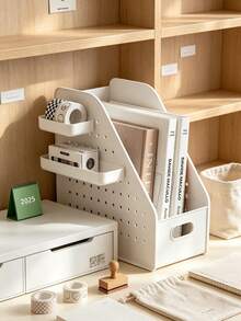 1pc White Multi-Grid Desktop File Organizer, Minimalist Modern Style Plastic Material, Slanted Opening Design, With Pegboard Side Hanging Basket, Multi-Functional Book File Stationery Storage Rack, Suitable For Study Office Daily Use, All Season - Multicolor - View 10