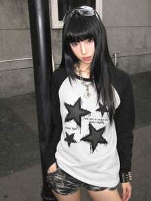 Y2K American Retro New Women's Round Neck T-Shirt Casual Loose Fit American Star Print Pattern Versatile Contrast Color Raglan Sleeve Long White - White - View 2