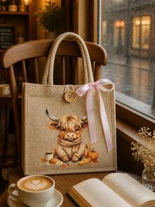 Canvas Tote Bag With Makeup Bag, Printed With Cow Pattern, Adorned With Pink Bow, Matching Makeup Bag, Shopping Bag, Foldable And Lightweight, Multi-Functional Handbag, Suitable For Commuting, Shopping, Daily Use, Party Gift, Suitable As Birthday Gift For Friends And Best Friends, Teacher's Day Gift, Back To School Gift - Multicolor - View 5
