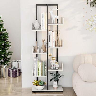 Gadroad 8 Tier Tree Bookshelf, Industrial Wood Bookshelf With Stable Metal Frame, Open Display Rack Bookcase For Living Room, Home Office, Plant Flower, White