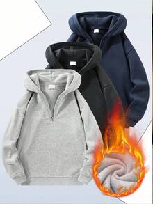 Sweatshirt Hoodie Pria Warna Polos dengan Resleting Setengah/Seperempat, Sweatshirt Pullover Lengan Panjang Beludru, Sweatshirt Pullover Tebal dengan Lapisan Hangat, Cocok untuk Musim Gugur/Musim Dingin - Light Grey - View 8