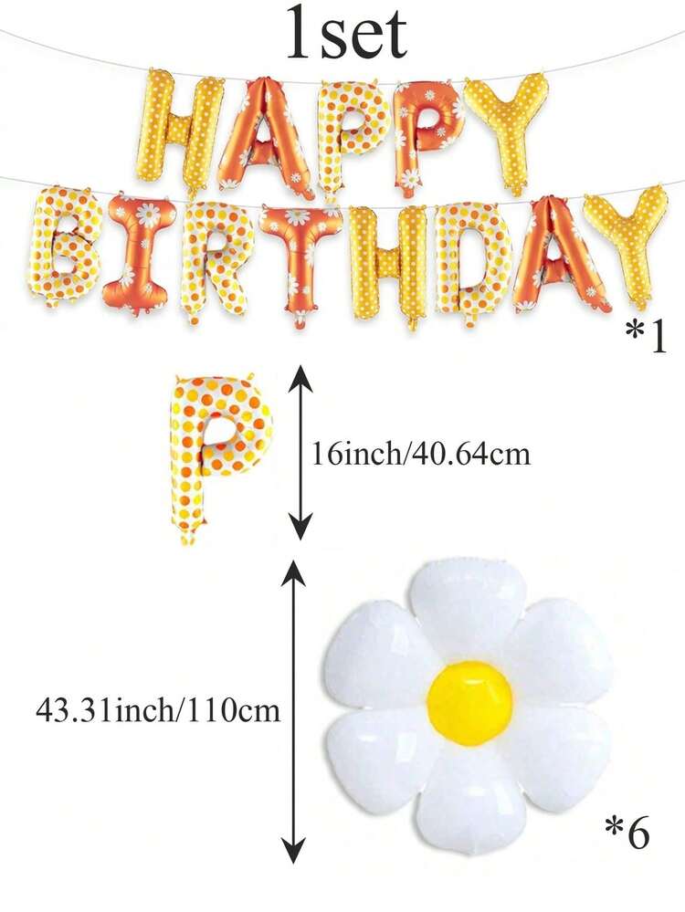 1/6/7pcs Daisy Happy Birthday Balloon Kit, Polka Dot Letter & White Daisy Foil Balloons For Baby Shower Birthday Party Decor - Multicolor - View 7