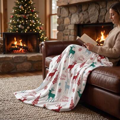 Soft & Comfortable 1pc Christmas Minimalist Element - Modern Flannel Nap Blanket - Polyester Nap Blanket - Digital Printing Craft, Suitable For Sofa, Bed, Travel, Office Home Decor