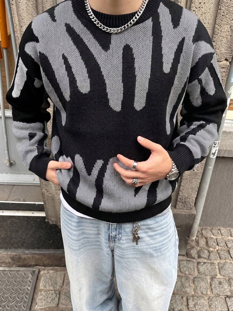 1件青少年男童复古休闲柔软拼接套头毛衣,保暖户外针织衫,春/秋/冬 - 黑色 - 查看 1