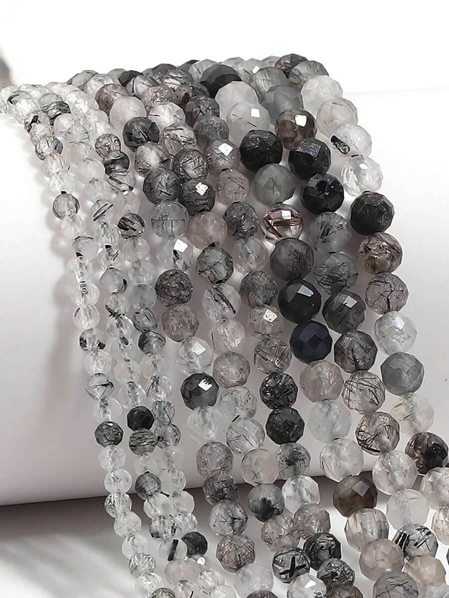 1 Strand Natural Black Rutilated Quartz Stone Faceted Round Loose Faceted Bead 2/3/4MM Pick Size For Jewelry Making Bracelet Accessories - Multicolor - View 1