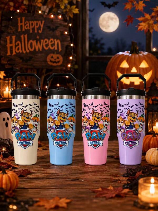 Paw Patrol SCALON 1PC 30oz/900ML Halloween Cute Puppy Handheld Tumbler, Large Capacity 304 Stainless Steel Vacuum Insulated Cup With Flip Lid And Straw, Leak-Proof, Long-Lasting Cold And Heat Retention, Car Cup, Back To School, Coffee Cup, Birthday Gift, Holiday Gift (Includes Straw), Ideal Christmas / Halloween Gift, Vacuum Flask And Insulated Bottle, Cup, Cold And Hot Insulated Bottle, Cup With Lid And Straw, Water Bottle, Water Cup, Travel Mug