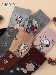 5 Pairs SNOOPY Series Authentic Puppy Contrast Color Pattern Fun Personalized Cartoon Women's Mid-Calf Socks, Unisex, Christmas Style - Multicolor - View 4
