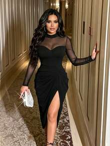 RNU Women's Burgundy Long Sleeve Midi Dress, High Elastic Knit Mesh Patchwork, Stand Collar, High Slit Pleated Waist-Cinching For Party, Autumn Winter - Black - View 4