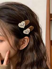 2PCS Vintage Plush Heart-Shaped Hair Clips, Rhinestone & Faux Pearl Duckbill Hair Clips, Exquisite Daily Bangs Styling Accessories - Multicolor - View 8