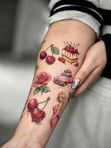 Sweet Cool Girl Style Pink Cherry Waterproof Temporary Tattoo Stickers, Fresh Cake Rose Pattern, Vintage Design, Suitable For Arm, Chest And Back Decoration, Lasts 2-5 Days - Multicolor - View 2