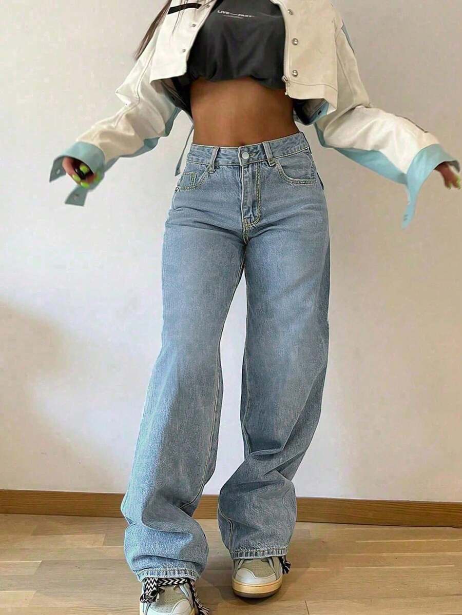 Women's Oversized Straight-Leg Vintage Jeans Casual Spring Fall - Light Wash - View 1