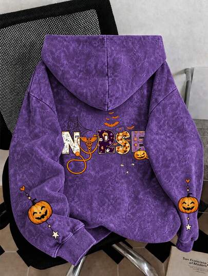 Pumpkin Bat Letter Print Washed Distressed Vintage Sweatshirt, Plus Size Women's Casual Autumn/Winter Long Sleeve Pocket Hooded Sweatshirt, Suitable For Winter Holiday, Beach, Vacation, Halloween, Thanksgiving, Christmas, New Year Outfits. Suitable For Daily Wear, Going Out, Outings, Holidays, Beach, Parties, Beach, Balls, School, Graduation, Luxury, Vacation, Commuting, Fitness, Weddings, Fashion, Autumn/Winter Tops, Women's Holiday Clothing