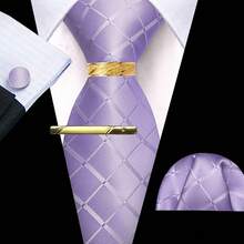 5Pcs Men Purple Plaid Tie Pocket Square Cufflinks Ring Tie Clip Set, Random Cufflink Pattern, Suit Accessories For Wedding - Purple - View 2