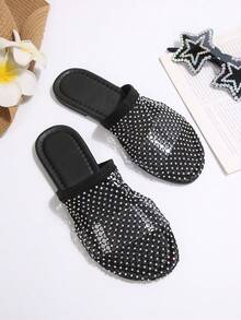Summer New Niche Minimalist Hollow Rhinestone Flat Slide Sandals For Women, Fashionable Slip-On Mesh Breathable Closed-Toe Half-Slippers - Black - View 3