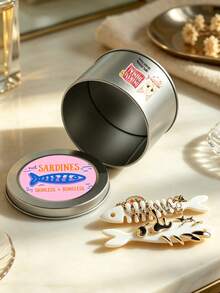 Novelty Sardine Can‑Shaped Metal Jewelry Storage Box, Cat Print, Fishbone Partition Snap Closure,Trinket Organizer, Container, Gifts Daily Decor - Multicolor - View 9