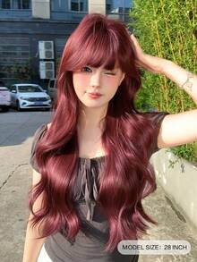 alicegarden 28-Inch Long Synthetic Wig Featuring A Natural Wavy Style In A A Stunning Burgundy. Designed With Bangs , This False Hairpiece Is Perfect For Ms Daily Party Cosplay Use, Offering A Natural And Natural Durable Wig Gift For Ladies., Halloween - Burgundy - View 3