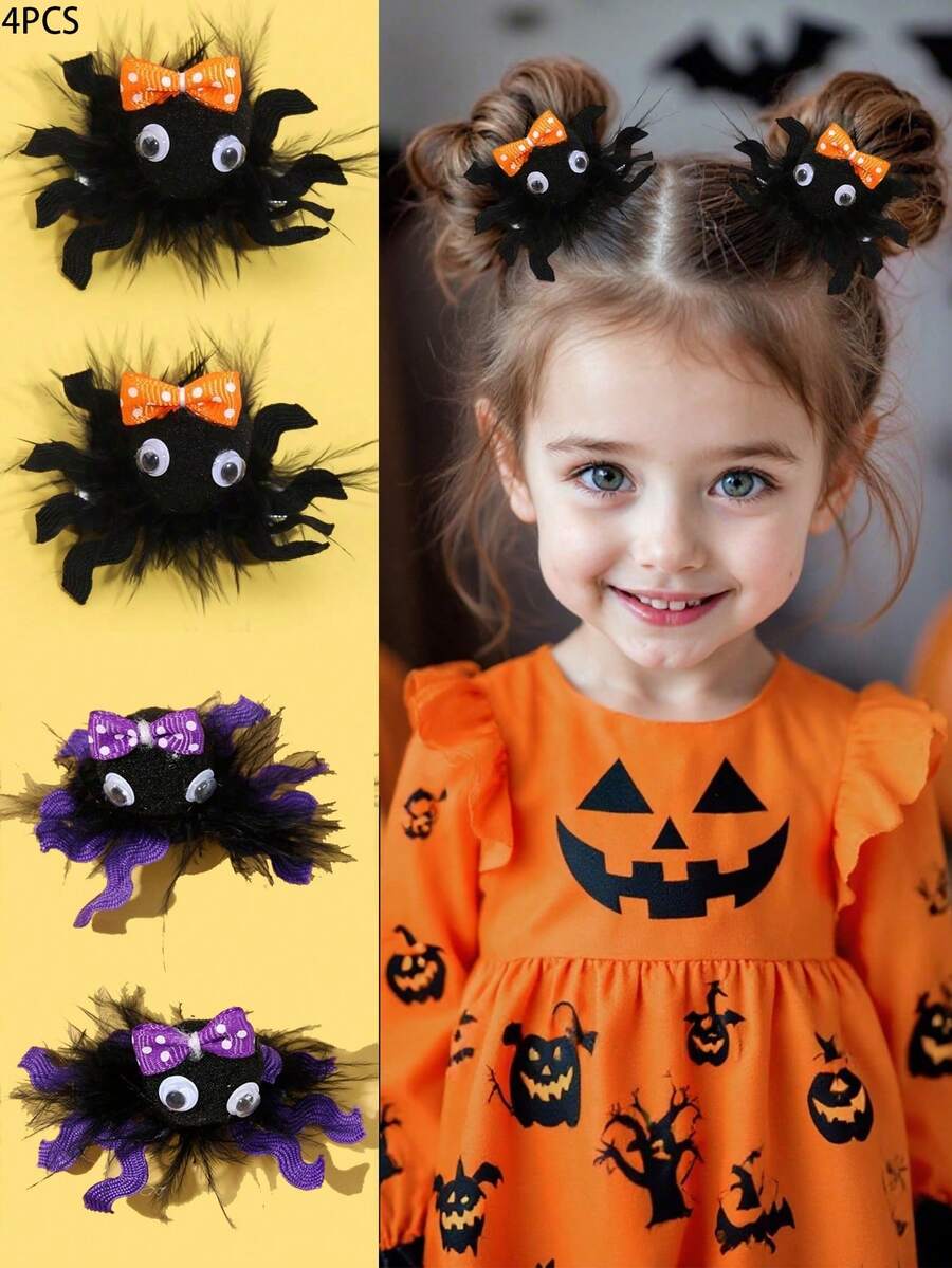 4pcs Black Halloween Girls Hair Clips, Fabric Spider Decor Hair Clips, Fun Halloween Gift Hair Accessories For Girls - Multicolor - View 1