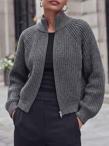 PEONY Women's Autumn Casual Commute Grey Ribbed Stand Collar Zipper Short Knit Cardigan, Suitable For Party, Beach, Commute, Office, Birthday Party - Grey - View 2