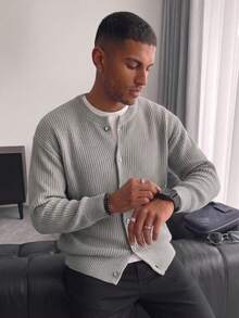 Unisex Casual Loose Fit Ribbed Round Neck Long Sleeve Cardigan, Minimalist Style, Autumn/Winter - Grey - View 2