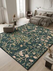 1PC Vintage Floral Bird Vine Pattern Deep Dark Green Area Rug, French Country Style Faux Cashmere Rectangular Dark Grid Border Machine Washable Floor Mat, Suitable For Living Room Bedroom Balcony Aesthetic Home Decor - Multicolor - View 7