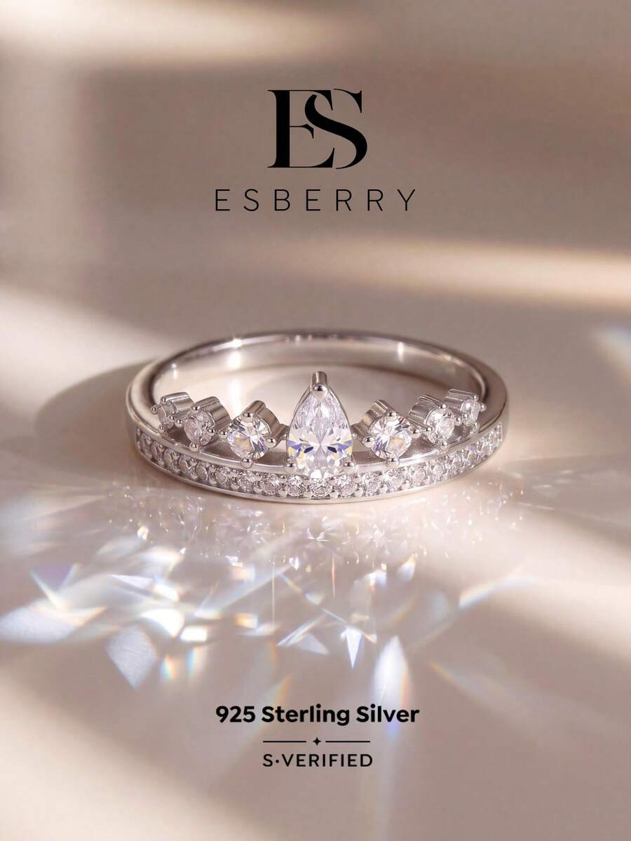 ESBERRY 1枚S925纯银优雅奢华公主皇冠戒指，精致珠宝礼品，适合女性约会佩戴 - 皇冠戒指 - 查看 1