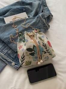 Shoulder Bag With Colorful Floral Pattern, Bucket Bag With Adjustable Metal Chain For Shoulder And Crossbody Use, Drawstring Closure, Interior Space For Makeup And Small Items, Suitable For Daily Outings, Shopping, Commuting And Travel - Green - View 3